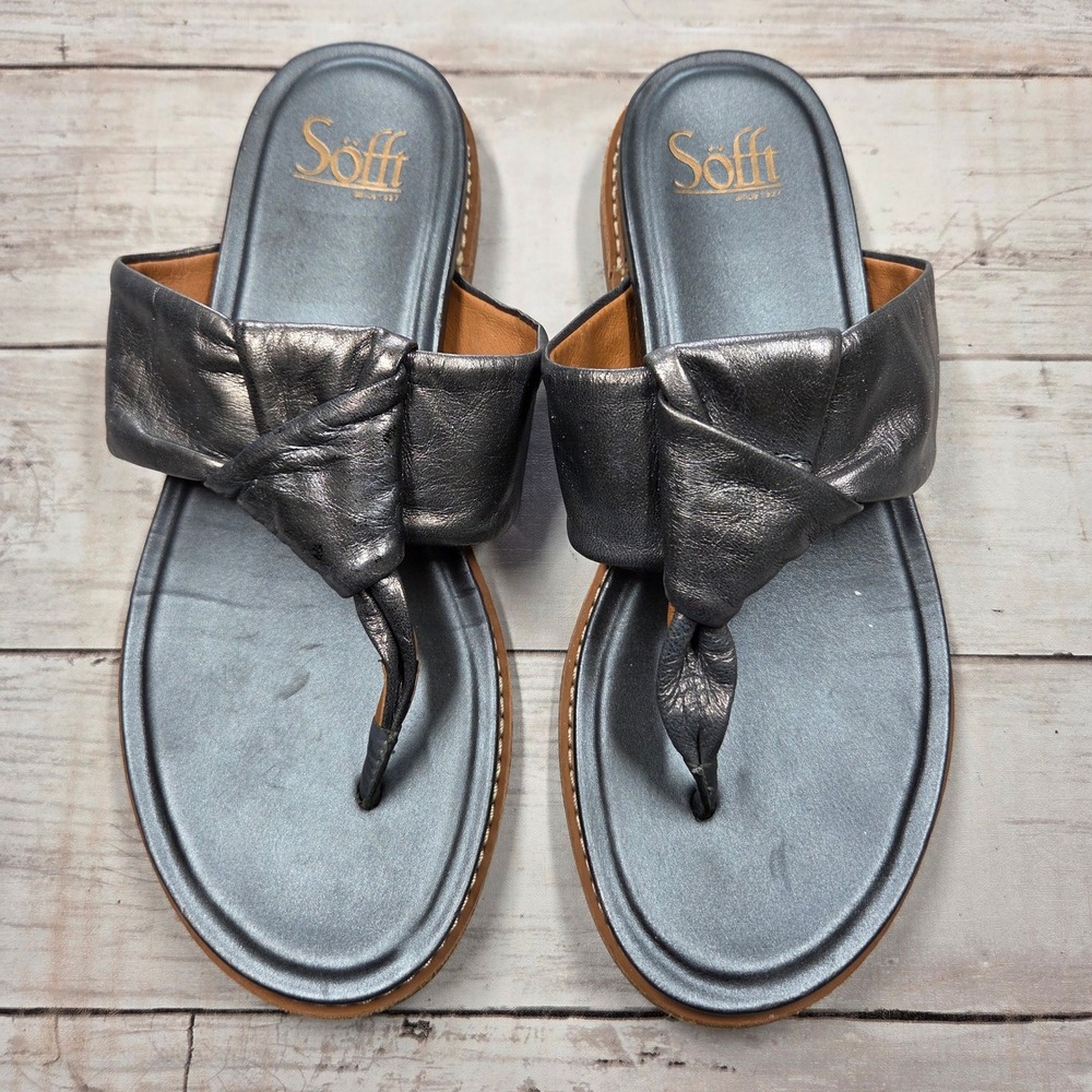 Sofft Thong Sandals Womens 7.5M Pewter Metallic Leather Knotted SF0080208 Flat